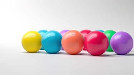 Colored balls for fitness and taps for stretching laid on a white background