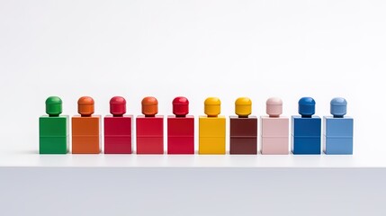 Colored cubes and toy figures built in a row on a white background
