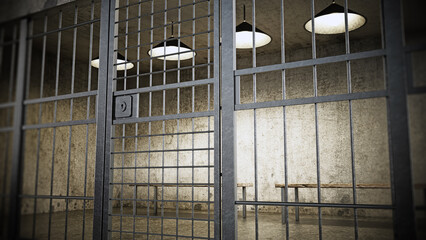Prison cell with closed door and old dirty walls. 3D illustration