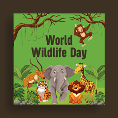 World wildlife Conservation Day and animal day flyer, poster, web banner template with vector flat animal forest illustration background