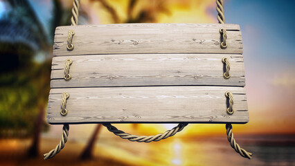 Old wooden plank tied with rope on tropical beach background. 3D illustration - obrazy, fototapety, plakaty