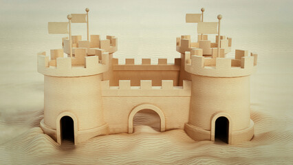 Sandcastle built on the beach sand. 3D illustration