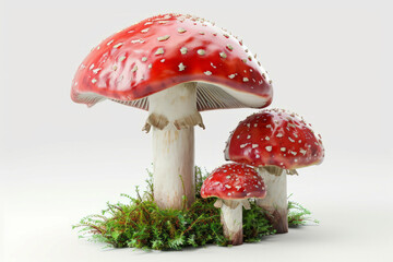 Fly agaric mushrooms, Red poison mushroom. 3d render illustration