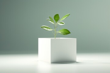 A small green plant growing out of a white cube