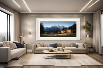 A Canvas Frame for a mockup elegantly framed by recessed lighting, encapsulating the state-of-the-art essence of a modern family room with smart home features.