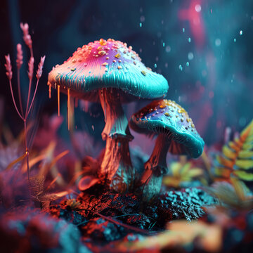 Colorful 3D illustration psychedelic mushroom