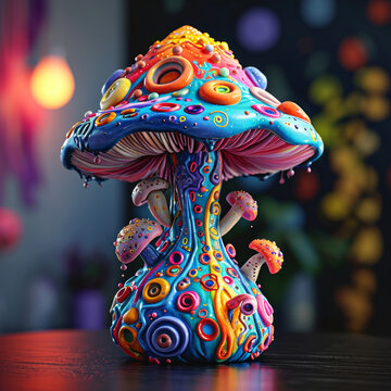 Colorful 3D illustration psychedelic mushroom