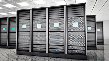 Network servers in a row in the room. 3D illustration