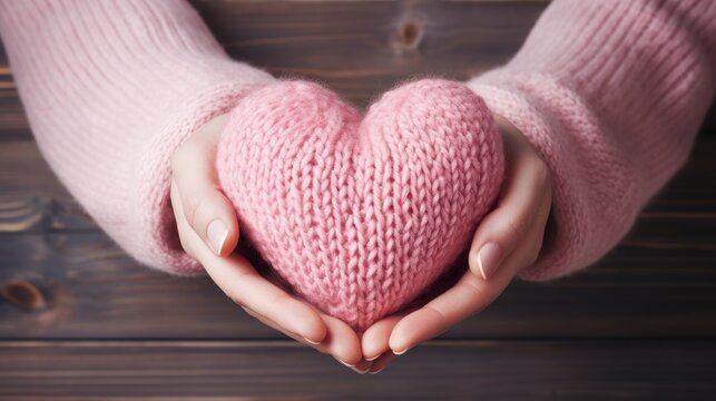 Close-up of a woman in a warm sweater holding a knitted pink heart on a wooden background. Valentine's Day greeting card. A symbol of love. View from above.