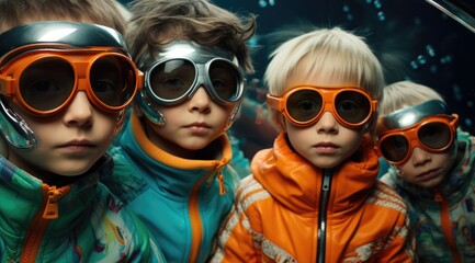 Four boys in colored clothes and glasses