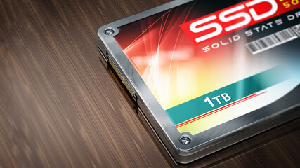 Generic SSD standing on wooden table. 3D illustration