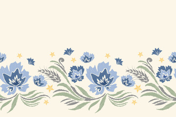 Ethnic Floral pattern  seamless frame border blue flowers Ikat design paisley embroidery with floral motifs. Ethnic pattern oriental traditional. Spring summer flower  vector illustration.  © Wita Pixs