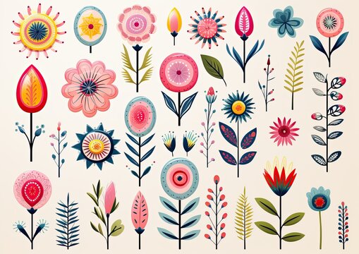 Collection of Stylized Folk Art Flowers on a Light Background