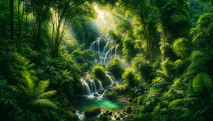 Tropical Rainforest with Cascading Waterfall - obrazy, fototapety, plakaty