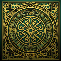 Gold Celtic design with green background 