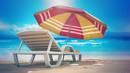 Sunbed and umbrella standing on the shore opposite to the sea view. 3D illustration