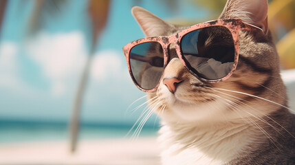 Beautiful cat on vacation on the beach sunbathing with cap and glasses