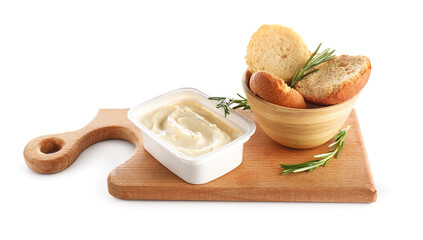 Plastic container with tasty cream cheese and bread on white background