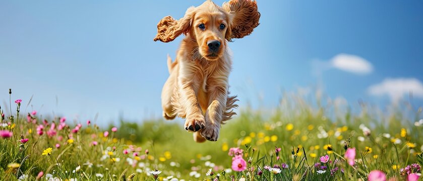 Smiling little spaniel puppy on a beautiful green meadow runs and jumps happily. Cute dog and good friend. Banner, free space for copying text.