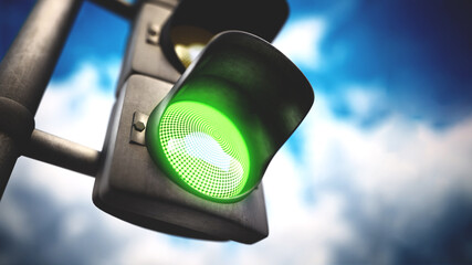 Traffic lamp with green light on against blue background. 3D illustration - obrazy, fototapety, plakaty