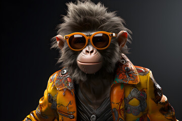 Portrait of a monkey in a leather jacket and sunglasses on a black background, Ai Generated