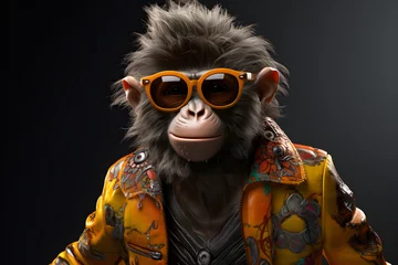 Fotobehang Portrait of a monkey in a leather jacket and sunglasses on a black background, Ai Generated © Mediapro