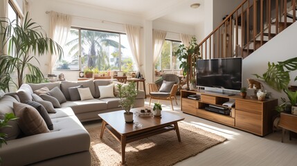 Obraz na płótnie Canvas A bright and airy living room with a large windows