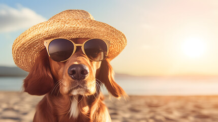 beautiful dog on beach vacation with hat and sunglasses sunbathing