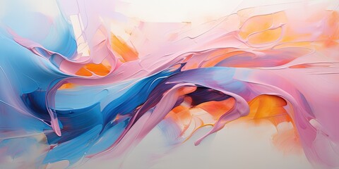 Painting with a thick layer of paint with a brush stroke. Pink, modern yellow and blue tones in...
