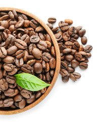 Bowl with coffee beans on white background