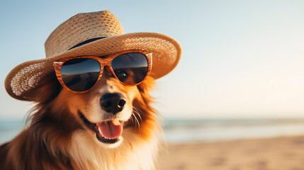 beautiful dog on beach vacation with hat and sunglasses sunbathing - obrazy, fototapety, plakaty