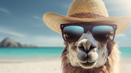 llama with glasses and hat sunbathing on the beach - concept of enjoying vacation