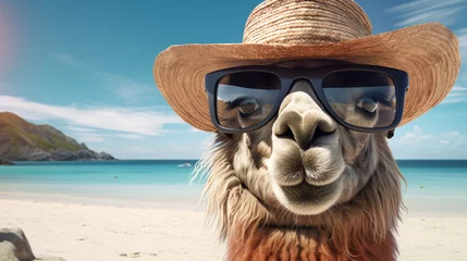 Foto op Canvas llama with glasses and hat sunbathing on the beach - concept of enjoying vacation © Jess rodriguez