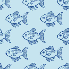 Fototapeta premium Swimming fish seamless wallpaper blue pattern with background for crafts, scrapbooking, textiles, art projects.