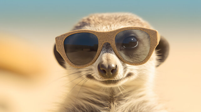 Naklejki meerkat with glasses sunbathing on the beach concept of enjoying vacation