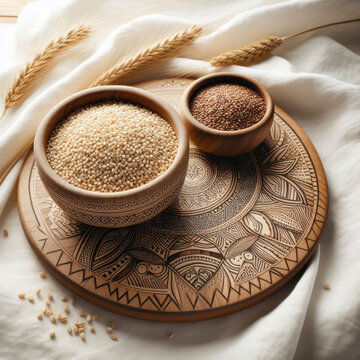 Spelled and teff grains, cereal grains in bowl, on wooden board and White cloth, Granos de espelta y teff, granos de cereales en un taz&oacute;n, sobre tabla de madera y tela blanca
