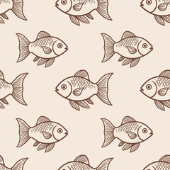 Swimming fish seamless wallpaper beige pattern with background for crafts, scrapbooking, textiles, art projects.