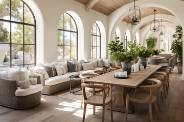 Modern luxury living room and dining room with vaulted ceiling