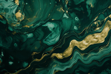 Abstract marble marbled stone ink liquid fluid painted painting texture luxury background banner - Dark green swirls gold painted splashes - obrazy, fototapety, plakaty