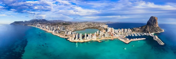 Tuinposter Costa Blanca, Spain. Aerial drone panoramic view of coastal city Calpe with great beaches. Alicante province © Freesurf