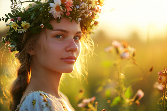 Fairytale image art photo. Outdoor close up portrait of young beautiful happy smiling fantasy woman with wreaths of flowers on her head. Young goddess enjoys spring nature in bright sunlight