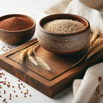 Spelled and teff grains, cereal grains in bowl, on wooden board and White cloth, Granos de espelta y teff, granos de cereales en un taz&oacute;n, sobre tabla de madera y tela blanca