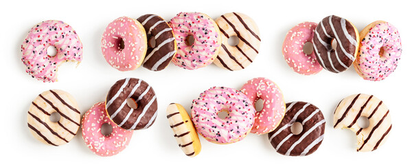 Colorful donuts set isolated on white background . - obrazy, fototapety, plakaty