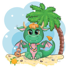 Cute cartoon green baby dragon with ukulele on the beach. Symbol of 2024 according to the Chinese calendar