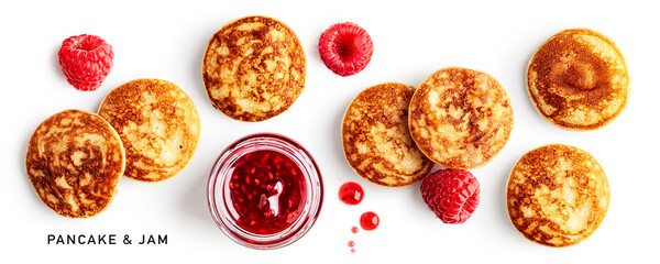Pancake and raspberry jam collection isolated on white background.