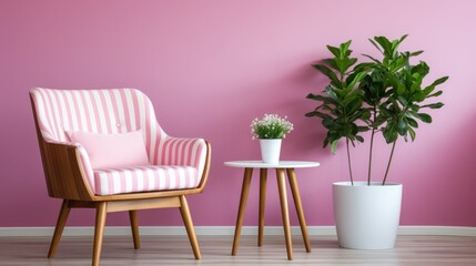 Pink Stylish Armchair with table, plant pot and Simple Background