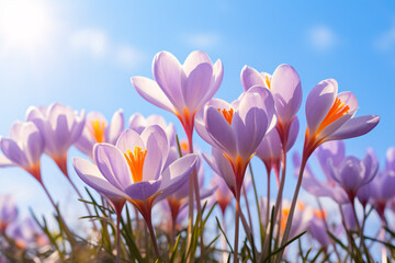 Purple crocus spring flower in front of blue sky