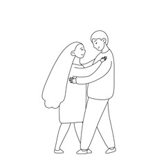 Young couple dancing icon. Figures of woman and man together in hand drawn doodle style. Sketch contour simple vector illustration. Concept of love and friendship.