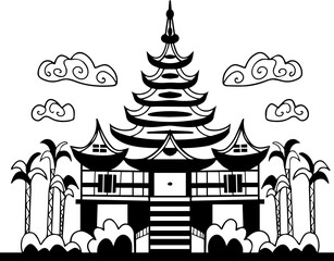 Obraz premium Japanese house. Asian traditional architecture of buildings isolated on white. Country national symbol for travel. Travel Chinese vector black and white with japanese. vector illustration