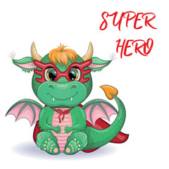 Cute cartoon green baby dragon in a red cape, super hero savior. Symbol of 2024 according to the Chinese calendar.